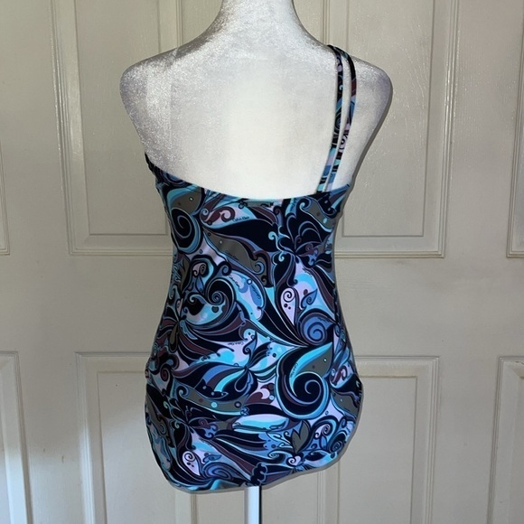 Calvin Klein Blue And Purple Print One Shoulder One Piece Swimsuit - Picture 2 of 7